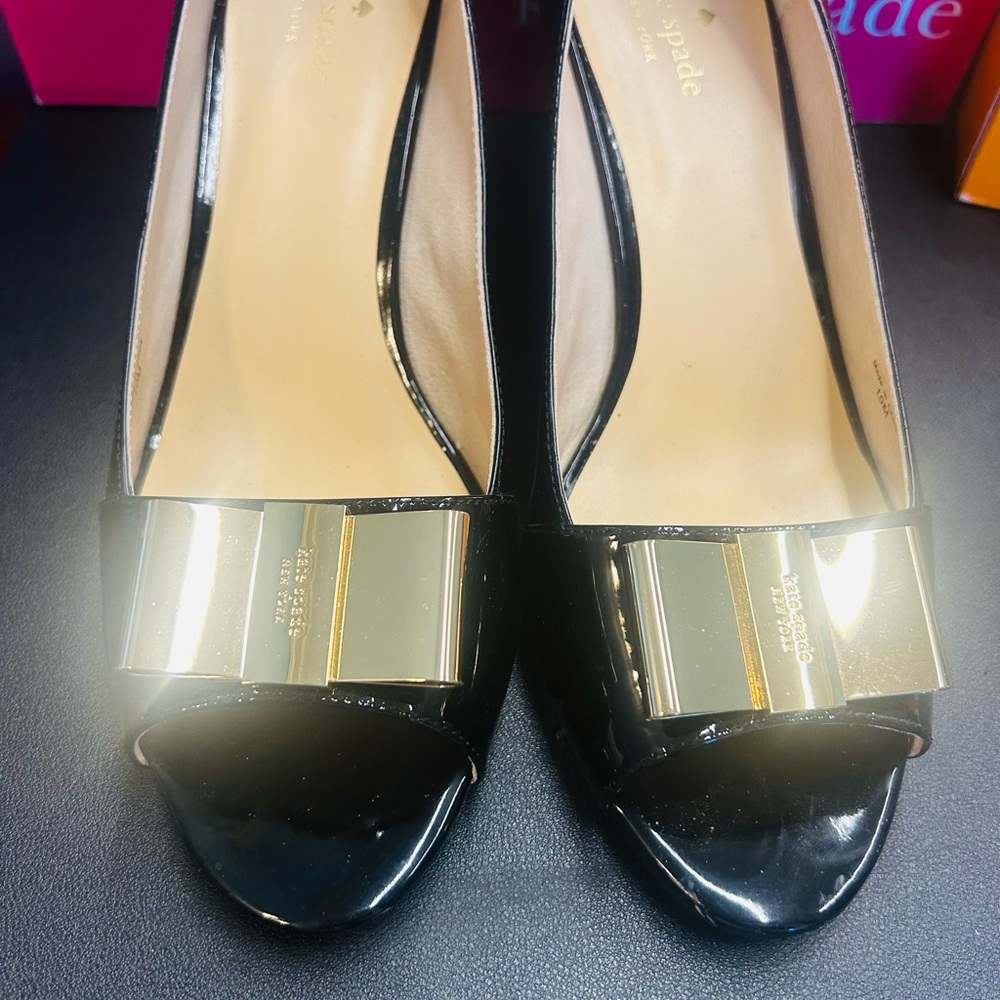 Kate Spade Black Heels with Gold Bow Accent